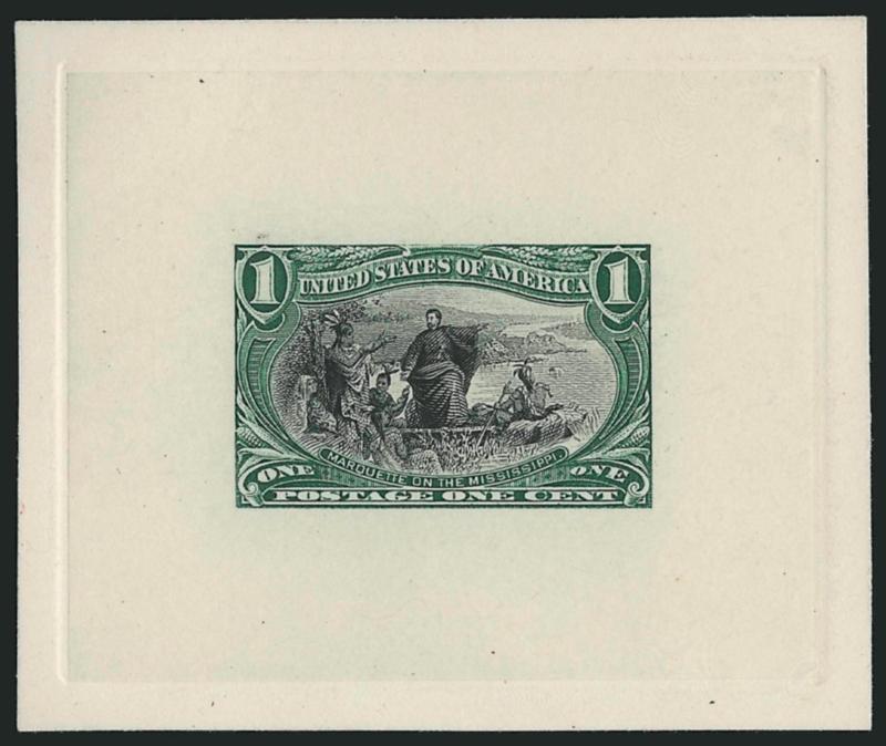 1c-$1.00 Trans-Mississippi, Bi-Color Essays on India (285E-292E).> Lacking only the 50c and $2.00 to be complete, also incl. additional 1c, die sunk on approximately 70 x 58mm cards with full die sinkage,
Fine-Very Fine