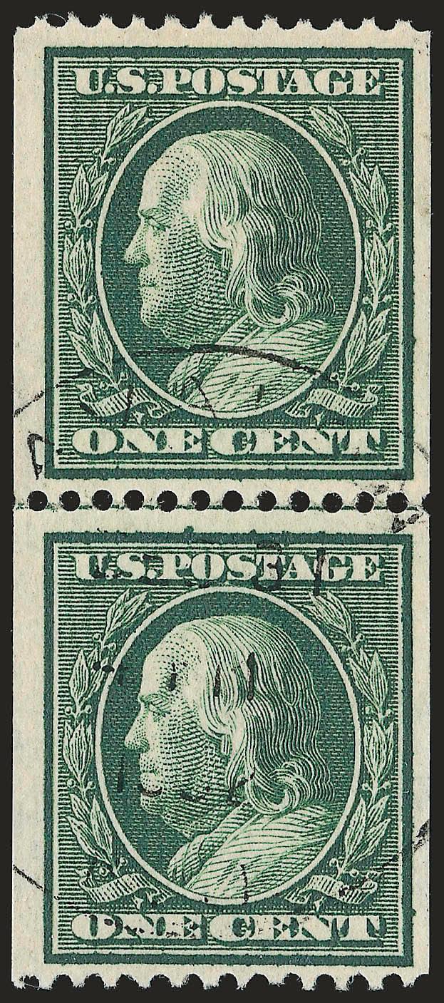 1c Green, Coil (385).> Guide line pair, rich color, neat strike of 1932 Avalon N.J. circular datestamp, Very Fine and choice, surprisingly scarce used guide line pair, with 2005 P.F. certificate