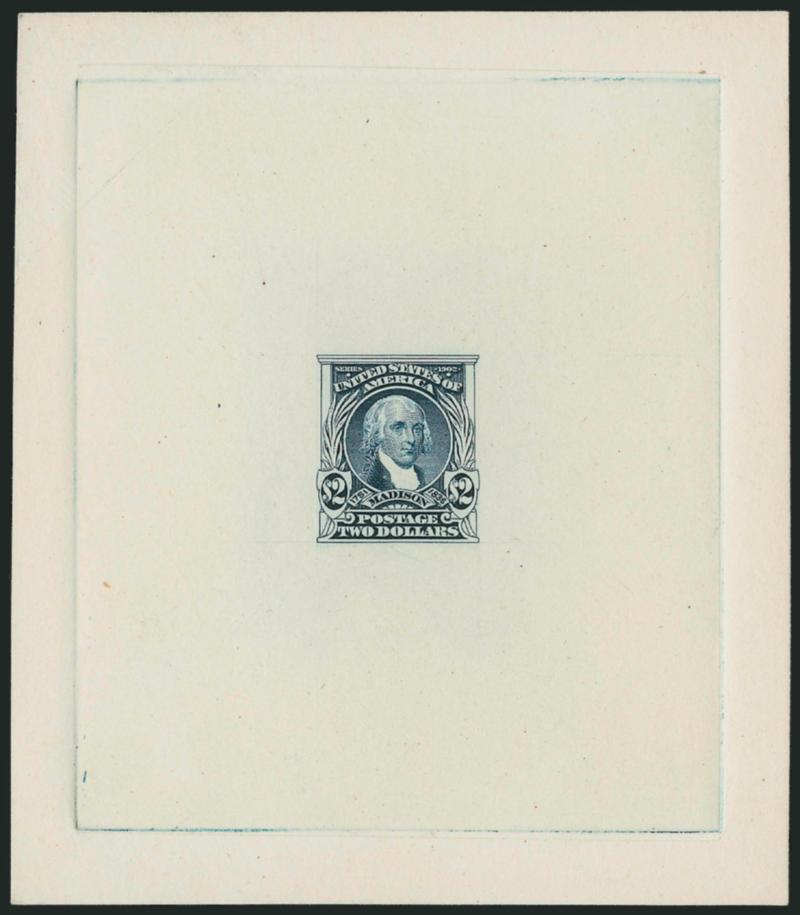 $2.00 Dark Blue, Large Die Essay on India (312-E1).> Die sunk on 90 x 105mm card, numerous lines absent from frame and portrait<><>^VERY FINE. AN EXTRAORDINARY AND UNIQUE PROGRESSIVE DIE ESSAY OF THE $2.00 1902
ISSUE. ONE OF THE MOST OUTSTANDING OF