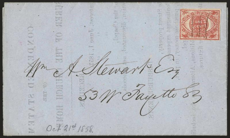 Baltimore Md., 1c Red (1LB7).> Full margins to just touched, cancelled by three vertical penstrokes (not tied) on blue folded printed circular for Church Home and Infirmary dated Oct. 21, 1858 to local street
address, Very Fine