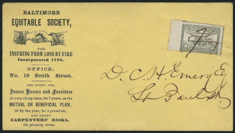 Baltimore Md., 1c Black (1LB8).> Huge right sheet margin, two others sides enormous, slightly in at top, tied by <ms. F initial> (J. S. Fusselbaugh) on yellow local cover with <Equitable Society insurance company
corner card,> Mar. 1860 enclosure,