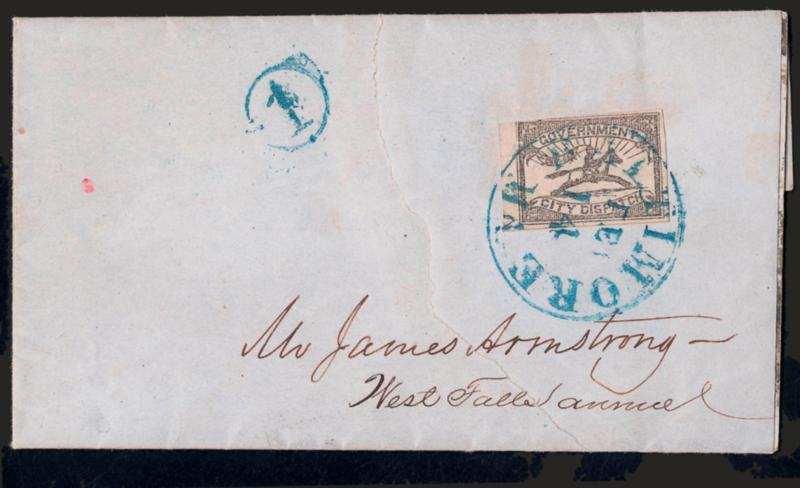 Baltimore Md., 1c Black (1LB8).> Large margins except just in at top left, tied by blue Baltimore Md. Feb. 14 circular datestamp, matching <1 in circle> on 1862 printed bank notice to local address, sealed tear
across face of cover, still exhibit
