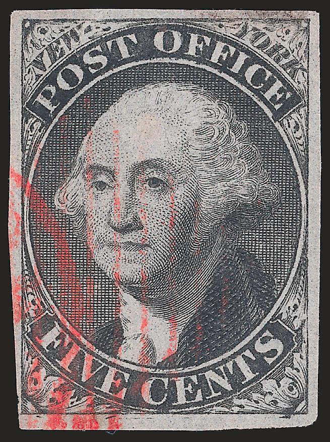 5c Black on Gray, Without Signature (9X3b).> Position 4 with slight double transfer, large margins, distinctive battleship gray paper shade, red square grid cancel and trace of red circular
datestamp<><>^EXTREMELY FINE. ONE OF ONLY TWO EXAMPLES O