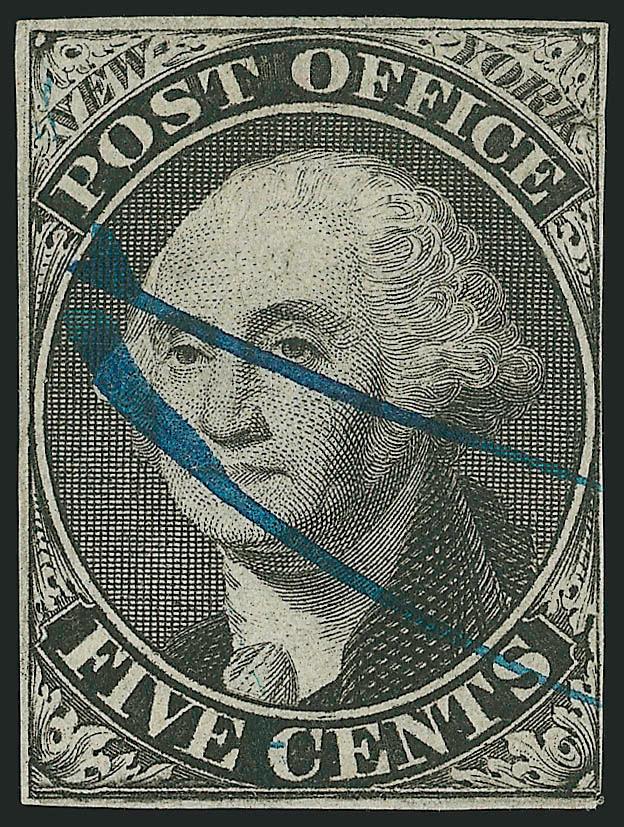 New York N.Y., 5c Black on Gray, Without Signature (9X3b).> Position 31 with doubling of bottom frameline, clear margins to just in, neat blue penstroke cancels, small thin spot at bottom  <><>^FINE APPEARANCE.
A SCARCE EXAMPLE OF THE UNSIGNED NEW Y