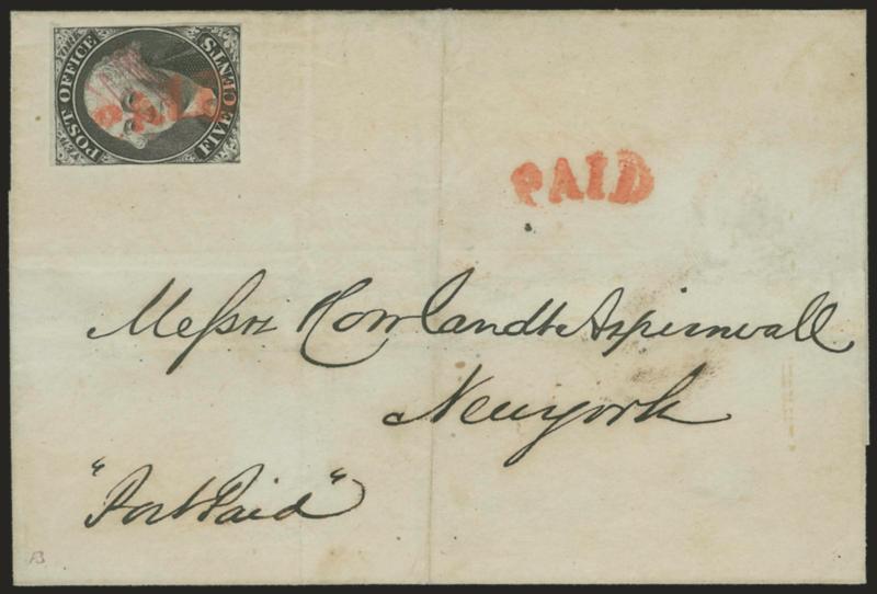 New York N.Y., 5c Black, ACM Initials (9X1).> Position 36, large margins to barely in at bottom, cancelled by red Paid arc, second strike at right, on folded cover <from Boston to New York,> ms. <<Post Paid>> at
bottom left, part of address exp