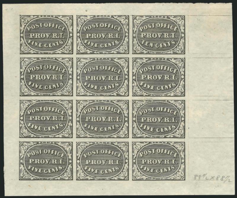 Providence R.I., 5c & 10c Gray Black, Bogert & Durbin Second Reprint Sheet of Twelve (10X1-10X2R).> With printing on reverse and printed in 1898, large margins, bright shade, fresh and Very Fine, only 171 sheets
printed