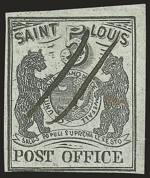 St. Louis Mo., 5c Black on Greenish (11X1).> Type III, Position 5, large margins to just barely in at bottom left, cancelled by two neat penstrokes, trace of red cancel at right, tiny corner crease at bottom
left<><>^VERY FINE APPEARING EXAMPLE OF