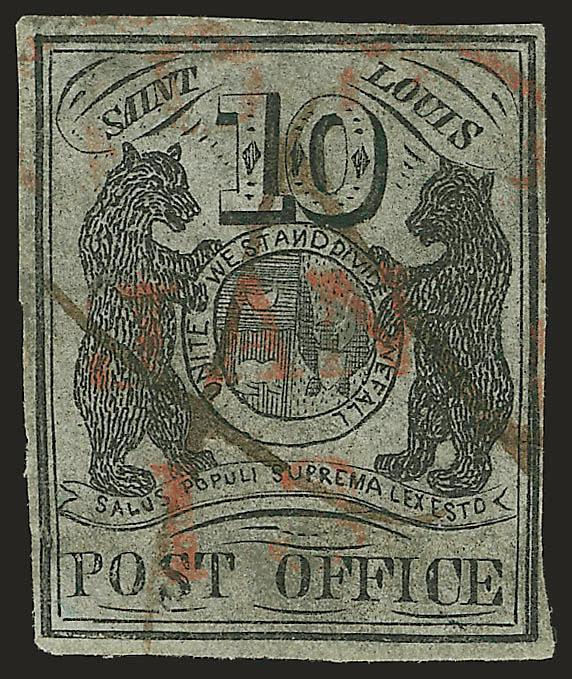 St. Louis Mo., 10c Black on Greenish (11X2).> Type I, Position 2, clear margins all around, rich color, pen cancels and also red St. Louis circular datestamp, few faults incl. thin spots and corner creases,
otherwise Fine, attractive appearance