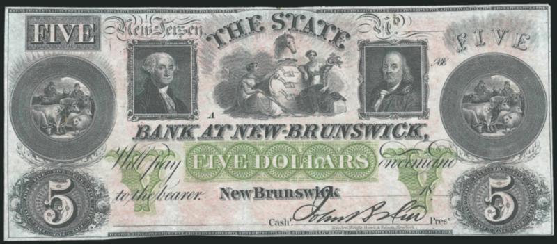 1847 Issue Vignettes on Bank Notes.> Five bank notes each with designs used on the 5c and 10c 1847 Issue, incl. State Bank at New Brunswick with green and red, two from Erie and Kalamazoo Railroad and two from
Bank of Manchester, generally Fine-Very