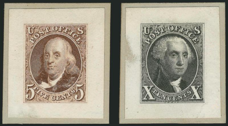 5c Orange Brown, 10c Black, Reproduction, Small Die Proofs (3P2-4P2).> On small gray cards from a Roosevelt album, 10c with some ink spatter on the back (card side) and  small gum stain in the left margin clear
of design, otherwise Very Fine set