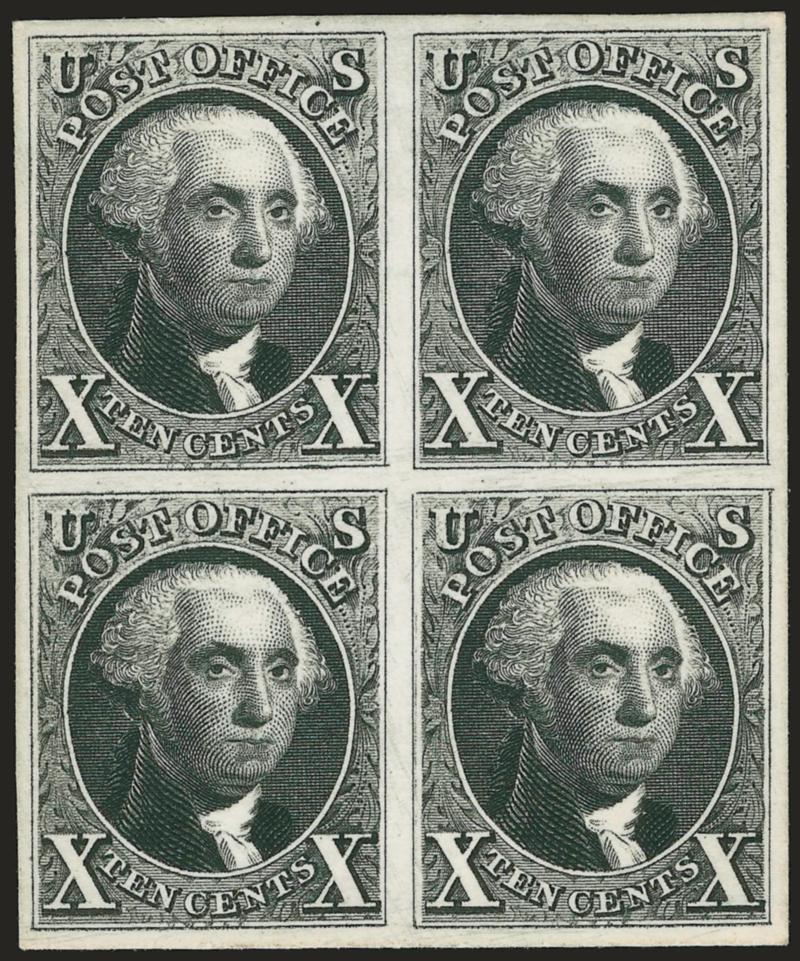 5c Red Brown, 10c Black, Reproduction, Plate Proofs on Card (3P4-4P4).> Blocks of four, large margins to full, bright colors, Very Fine, attractive multiples