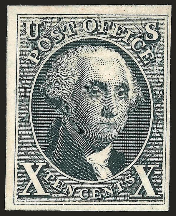 5c Red Brown, 10c Black, Plate Proofs on Card (3P4, 4P4).> Large margins to full, on thinner cards than usual plate proofs (cards of same thickness as the Atlanta Trial Colors), unusual plate scratches at top
left of 5c, fresh and Very Fine