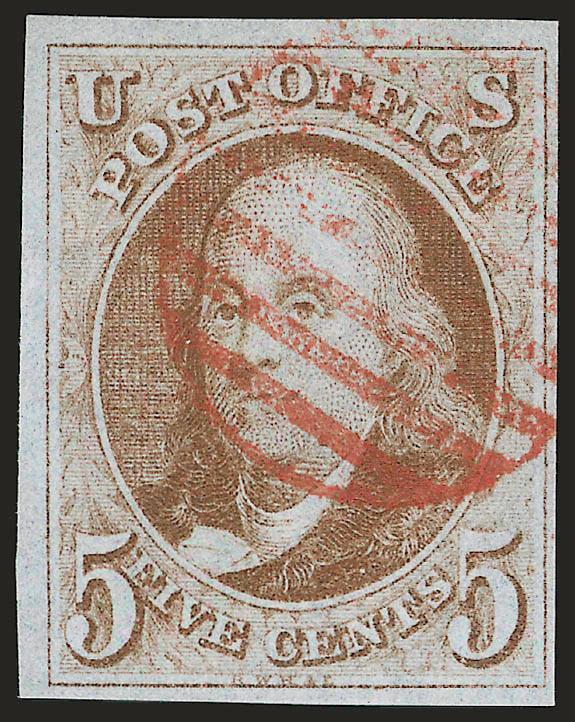 5c Red Brown (1).> Large to ample margins, bright color, neat strike of red grid cancel, Very Fine and choice, with 1979 P.F. certificate