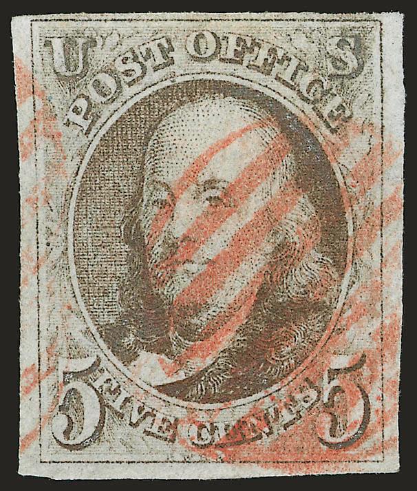 5c Grayish Brown (1a).> Large margins to ample at top, deep rich color nicely contrasted by red grid cancel, Fine, with 2003 P.S.E. certificate