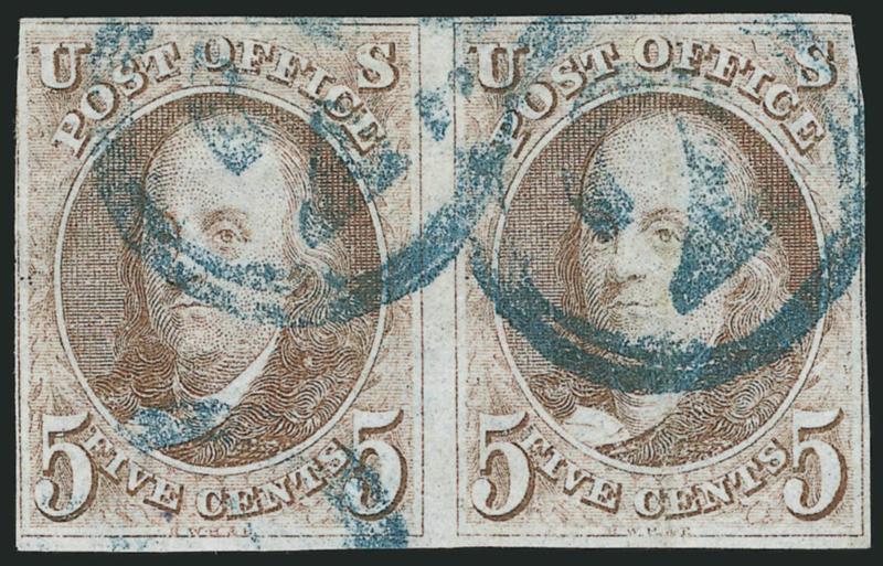 5c Brown (1 var).> Horizontal pair, clear margins to just in, bright color, two clear strikes of <blue numeral 2 in circle> cancel (Philadelphia), light horizontal crease, left stamp with light vertical crease,
appears Fine, multiples are rare with