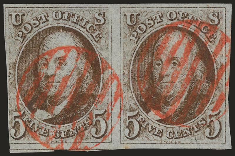 5c Red Brown (1).> Horizontal pair, large margins to just in at left, pretty shade nicely complemented by red grid cancels, left stamp light vertical crease, right stamp small toned spot is barely noticeable,
Fine-Very Fine appearance, with 2004 P.F.