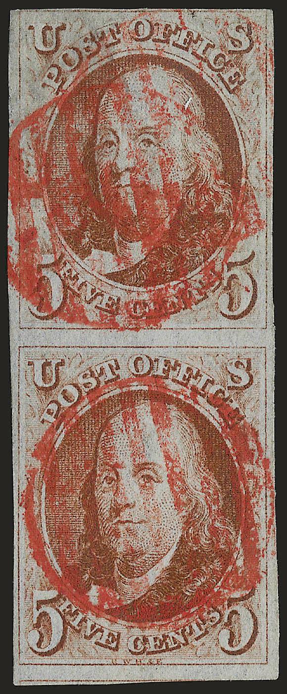 5c Orange Brown (1b).> Vertical pair, large margins to barely touched at top incl. part of adjoining stamp at bottom, bright shade, bold strikes of red grid cancels, Fine-Very Fine, considerably scarcer as a
vertical pair, with 2005 P.F. certificate