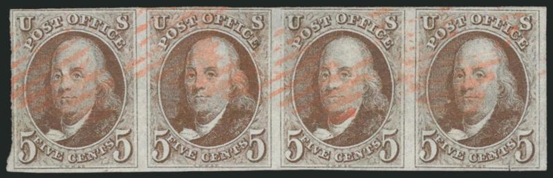 5c Red Brown (1).> Horizontal strip of four, ample margins to clear, red New York square grid cancels, right stamp small scissors-cut at bottom, tiny pinholes<><>^FINE-VERY FINE APPEARANCE. A RARE USED MULTIPLE
OF THE 5-CENT 1847 ISSUE.^<><>Scott
