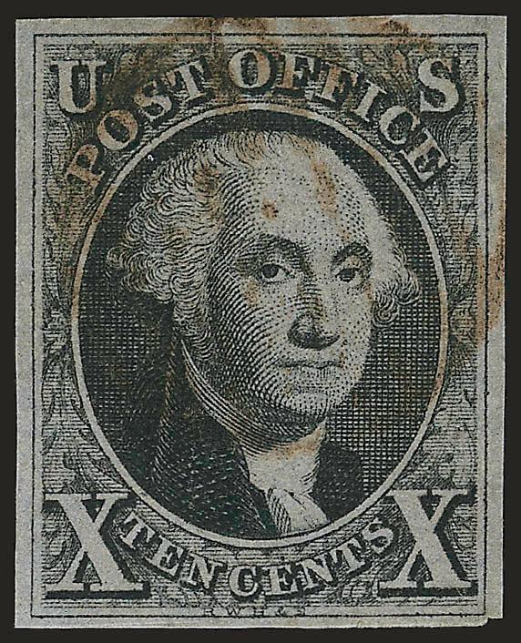 10c Black (2).> Full margins to clear, intense shade, unusual <blackish-brown grid> cancel, small tear at top, appears Fine, unusual cancel