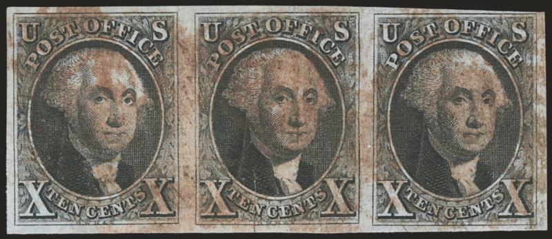 10c Black (2).> Horizontal strip of three, large margins to clear, intense shade, bold strikes of red grid cancels, right stamp tear at top and light crease at right, center stamp tear at bottom<><>^FINE-VERY
FINE APPEARANCE. A SCARCE STRIP OF THRE
