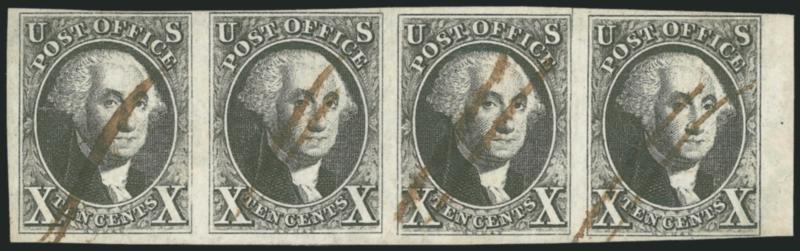 10c Black (2).> Horizontal strip of four with <sheet margin at right,> Positions 37-40L, large margins to clear, bright shade, each stamp cancelled by two neat ms. penstrokes, few small faults incl. right stamp
tiny pinhole and few light creases, sma
