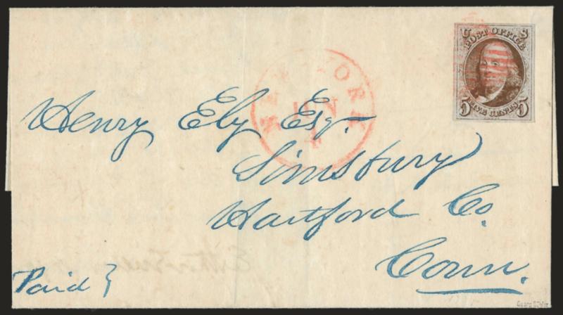 5c Red Brown (1).> Large even margins, tied by red square grid, matching New-York Jun. 4 circular datestamp on folded letter addressed in blue to Simsbury Conn., light vertical file fold well clear of stamp,
Very Fine
