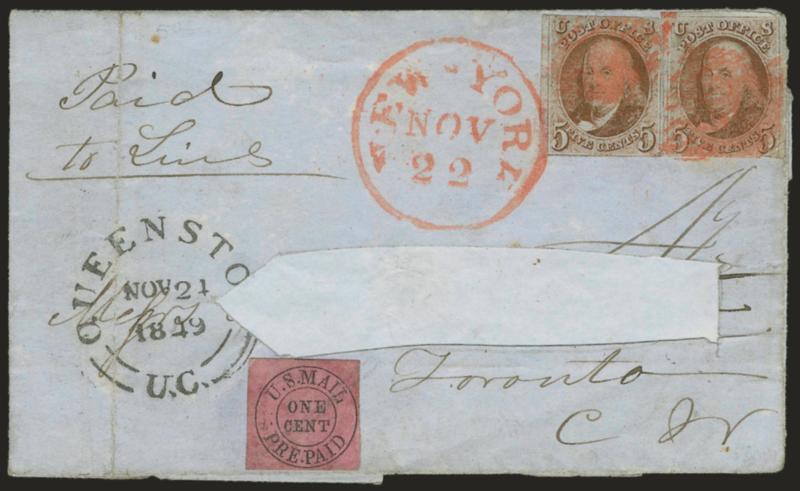 5c Red Brown (1).> Two singles, margins to just in, tied by red grids and matching New-York Nov. 22 circular datestamp, used with <New York N.Y., 1c Black on Rose (6LB9),> large margins, tied by pencil on blue
1849 folded cover <to Toronto, Canada,