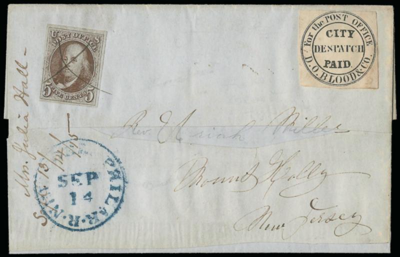 5c Red Brown (1).> Large margins to ample at lower left, tied by ms. cancel, used with <D. O. Blood & Co., Philadelphia Pa., (1c) Black, For the Post Office (15L8),> large margins to touched at top, uncancelled
as usual, blue <New York & Phila. R.