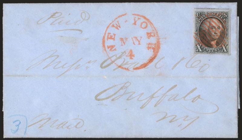 10c Black (2).> Large to huge margins incl. part of adjoining stamp at top, cancelled by red square grid, matching New-York May 4 circular datestamp on blue 1850 folded cover to Buffalo N.Y., light horizontal
file fold well clear of stamp, stamp li