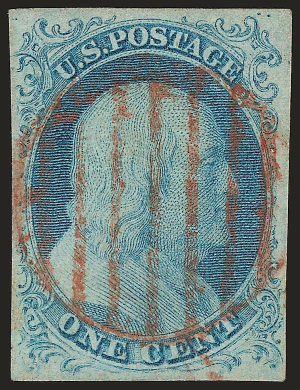1c Blue, Ty. Ib (5A).> Position 4R1E, large margins to barely touched, pretty Plate 1 Early color nicely complemented by <red grid> cancel, some creasing, expertly repaired<><>^VERY FINE APPEARING EXAMPLE OF THE
RARE 1851 ONE-CENT IMPERFORATE TYPE