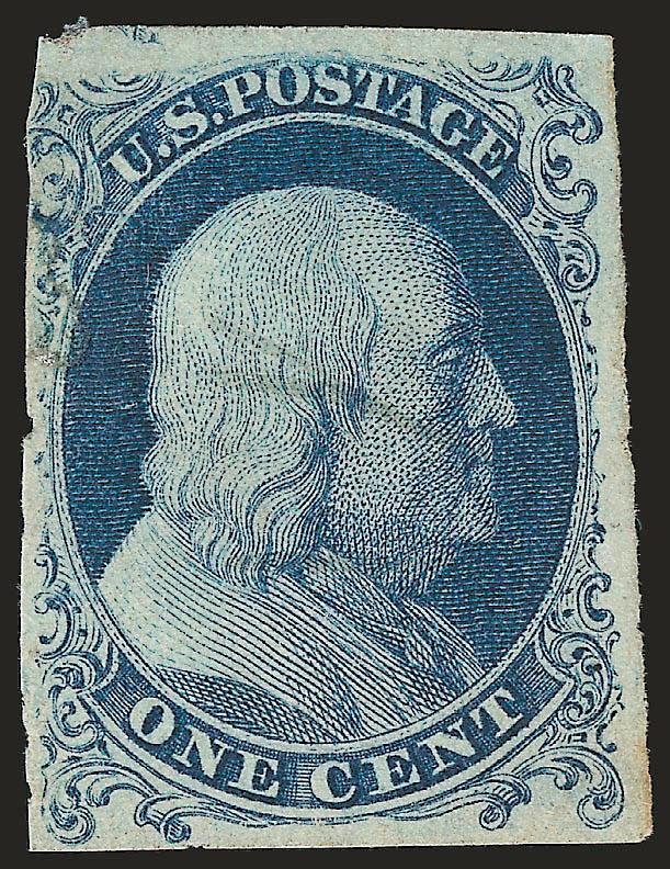 1c Blue, Ty. Ia (6).> Position 100L4, large margins to just in at top left, deep rich color, faint manuscript cancel, filled-in thin spot at top left<><>^FINE APPEARING EXAMPLE OF THE SCARCE 1851 ONE-CENT TYPE
IA IMPERFORATE.^<><>The extremely ra