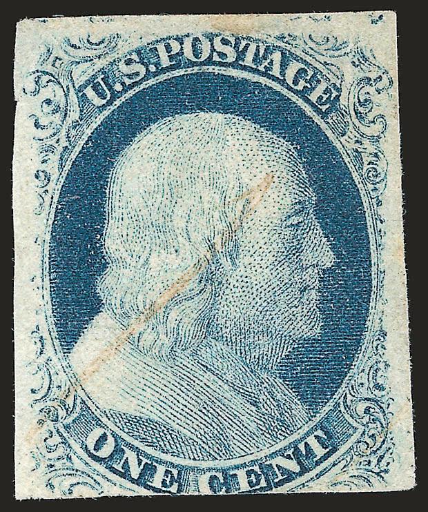 1c Blue, Ty. III (8).> Position 99R2, three large margins incl. trace of adjoining stamp at top, just in at bottom, clearly showing a wide break at top and the characteristic double transfer at top right, bright
shade, lightened manuscript cancel, so