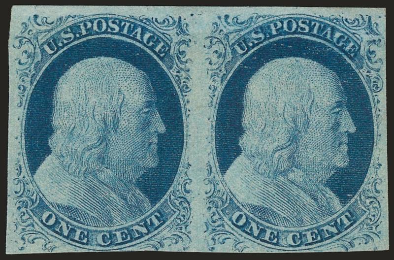 1c Blue, Ty. IV (9).> Positions 1-2R1L, horizontal pair, unused (no gum), large margins to barely touched, rich color, Very Fine and choice, especially desirable from the top row of Plate 1, with 2004 A.P.S.
certificate