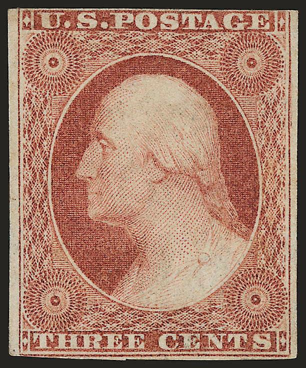 3c Dull Red, Ty. I (11).> Accompanying certificate describes shade as Brownish Orange, but we think it looks more like Rose Red, original gum, large margins to just in, Fine, small red backstamp, with 1976 P.F.
certificate