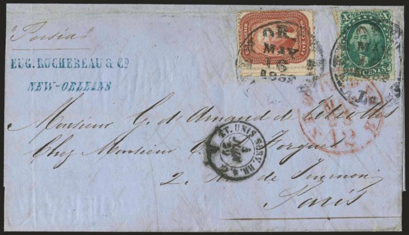 5c Brick Red (27).> Intact sheet selvage with guideline at left, used with <10c Green, Ty. III (33),> tied by New Orleans La. May 16, 1858 circular datestamps on blue folded letter <to Paris, France,> 10c also
tied by red New York Paid 12 May 25
