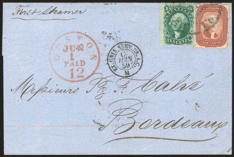 5c Brick Red (27).> Radiant color, used with <10c Green, Ty. V (35)> and tied by New Orleans La. May 15 circular datestamp on 1859 blue folded cover <to Bordeaux, France,> red Boston 12c credit datestamp, few
slightly toned perf tips not mentioned