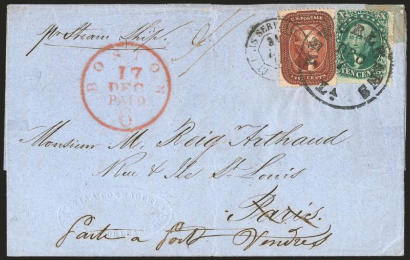 5c Indian Red (28A).> Used with <10c Green, Ty. III (33),> beautiful colors, tied by bold New Orleans La. Dec. 7 circular datestamp on blue 1858 folded letter <to Paris, France, and forwarded> within France, red
Boston Paid 6 Dec. 17 credit dates