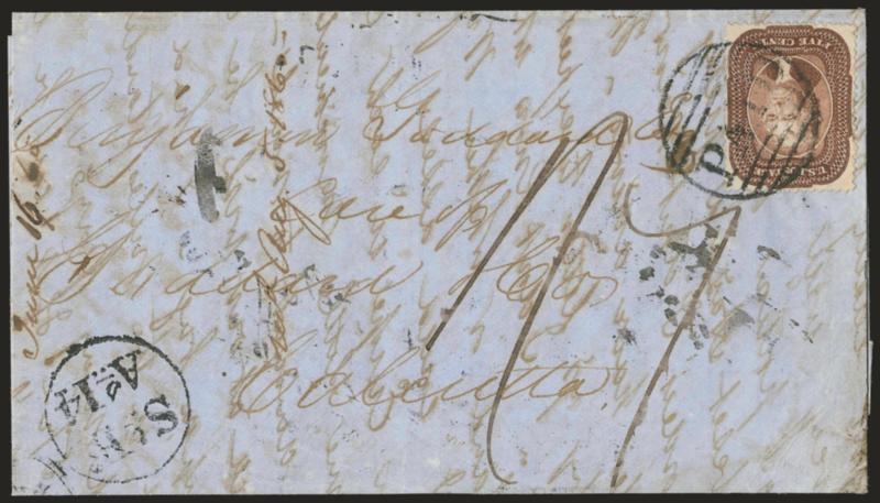 5c Brown (29).> Unusually choice centering, tied by large Paid grid, Boston Br. Pkt. Jun. 19 backstamp on 1860 folded letter <to Calcutta, India,> red London and transit backstamps, ms. due marking, fresh and
Very Fine, a beautiful cover and scar