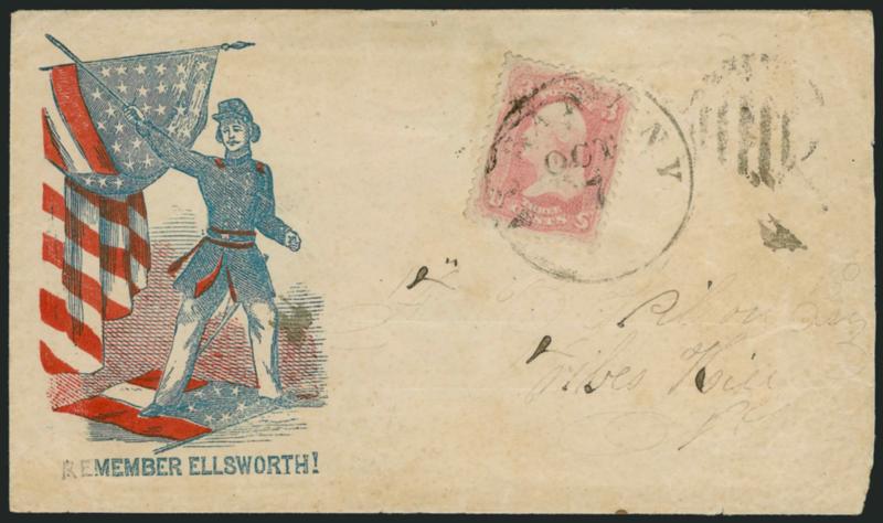 3c Pink (64).> Tied by Albany N.Y. Oct. 7 circular datestamp and grid on red and blue <Remember Ellsworth Patriotic> cover to Tribes Hill N.Y., slightly reduced at right and some overall wear, Fine, with 1988
P.F. certificate