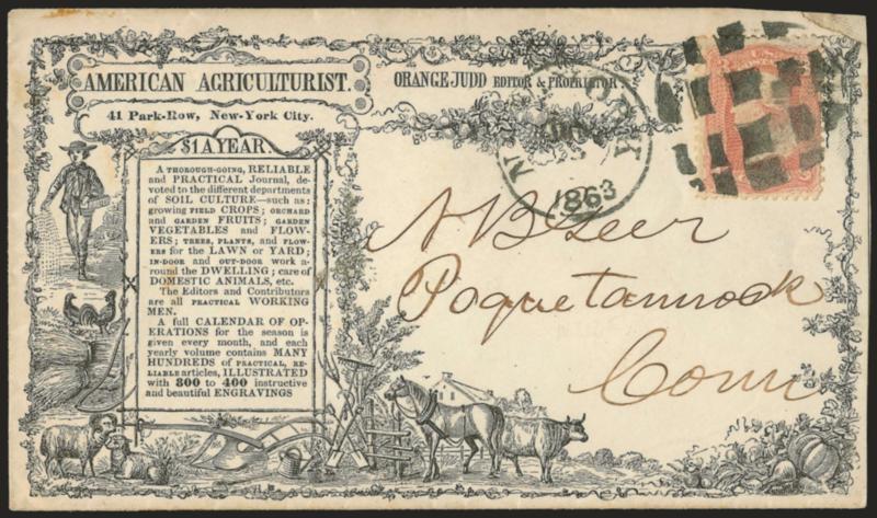 3c Rose (65).> Bright color, tied by large segmented cork, New-York Jun. 13, 1863 circular datestamp on <American Agriculturist illustrated advertising> cover to Poquetannock Conn., with original enclosure which
is also illustrated, few corner flaw
