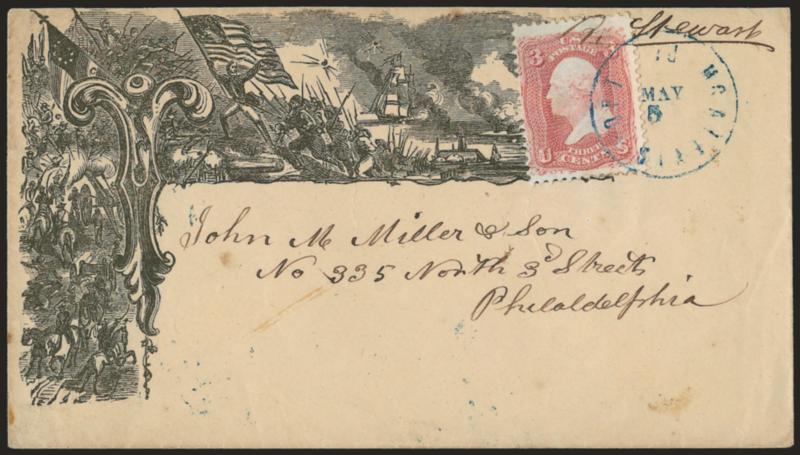 3c Rose (65).> Radiant color, tied by blue McAlevys Fort Pa. May 5 circular datestamp on <illustrated battle scene Patriotic> depicting ships, charge up a hill and both U.S. and Confederate flags, to
Philadelphia, slightly reduced at top, Very Fin