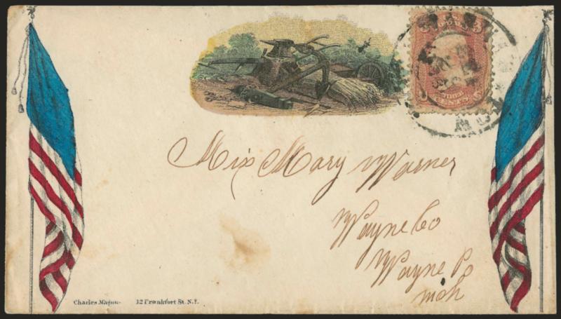 3c Rose (65).> Rich color, tied by Washington D.C. Sep. 29 circular datestamp on multicolored <three-part Magnus Patriotic> cover to Wayne Mich., with original enclosure datelined at Camp Shearer in 1861 and
also with two-part illustrated design, c