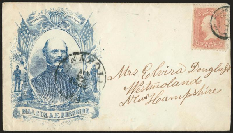 3c Rose (65).> S.e. at left, few perf flaws, tied by target, Annapolis Md. Apr. 28, 1864 double-circle datestamp on blue <General Burnside Patriotic> cover to Westmoreland N.H., Fine, with 2006 P.F.
certificate