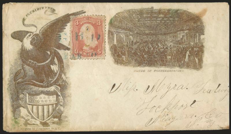 3c Rose (65).> Cancelled by <blue G B D Mar. 10> two-line handstamp on bronze <two-panel Magnus Patriotic> cover to Lockport N.Y., with original enclosure with two-panel illustration, stamp defective, overall
wear, otherwise Fine, scarce with the G
