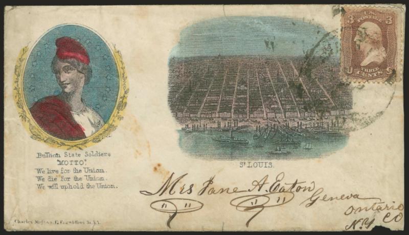 3c Rose (65).> Tied by indistinct circular datestamp on multicolored <Liberty and St. Louis two-panel Magnus patriotic> cover to Geneva N.Y., some wear, otherwise Fine, ex Matthies
