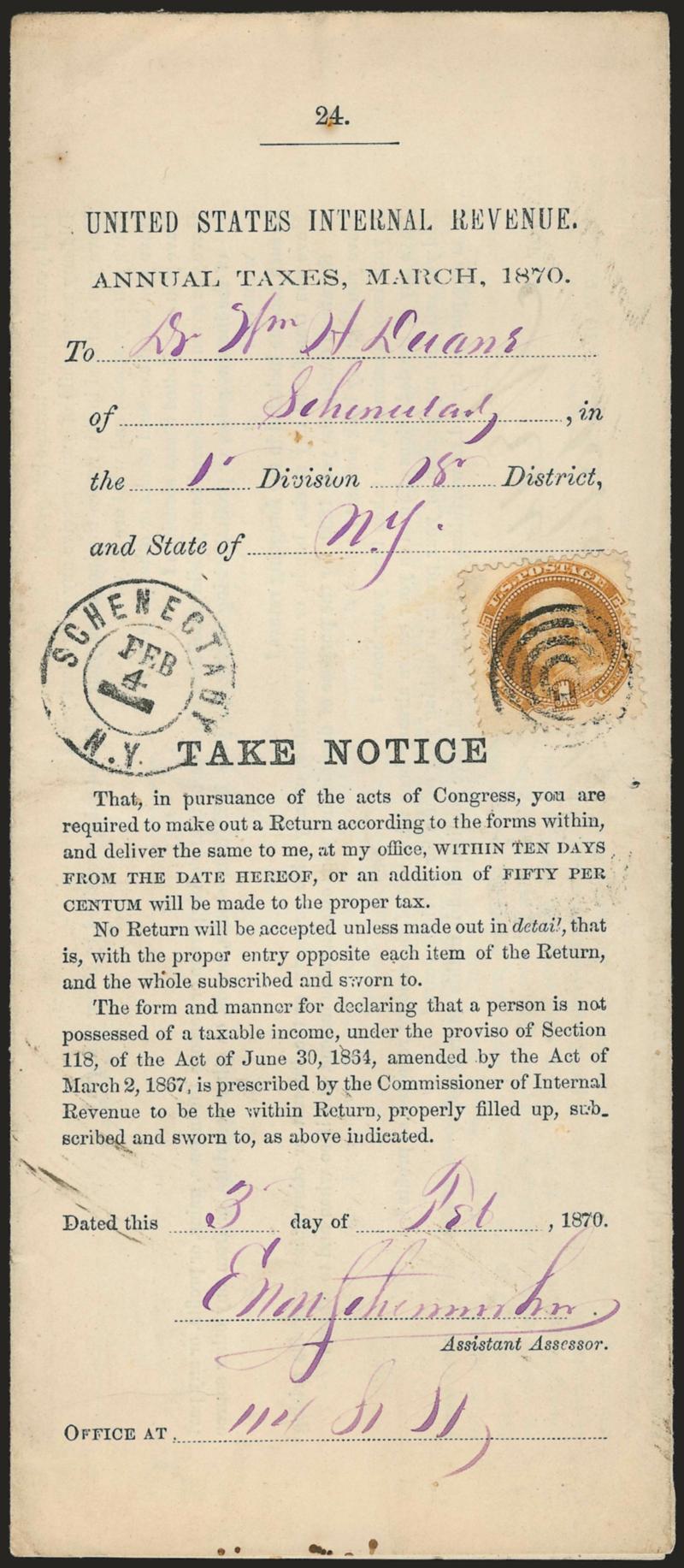 1c Buff (112).>  Two items, both are nternal Revenue tax forms,> each with single tied by target, Schenectady N.Y. Feb. 4 double-circle datestamp and to different recipients in Schenectady, Fine, a scarce and
attractive matched pair of documents