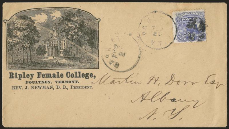3c Ultramarine (114).> Tied by quartered cork and duplex Poultney Vt. Feb. 25 circular datestamp on <Ripley Female College illustrated corner card> cover to Albany N.Y. where <Carrier Feb. 26> circular datestamp
applied, with two original enclosu