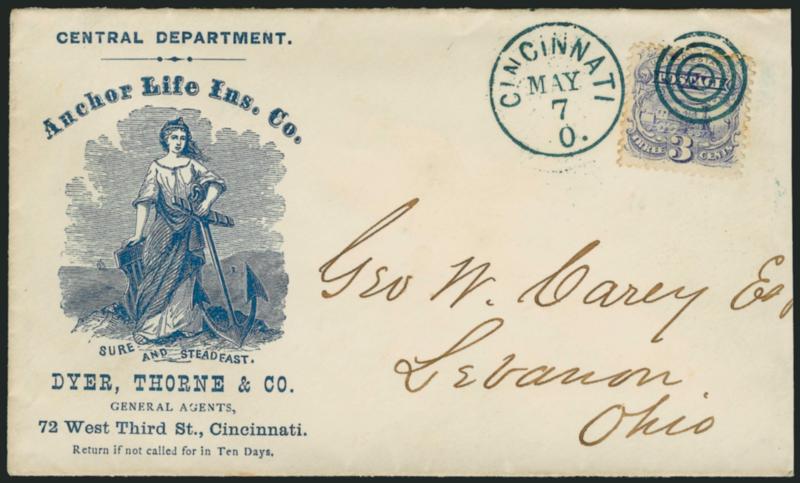 3c Ultramarine (114).> Tied by perfect strike of <greenish-blue> target, matching Cincinnati O. May 7 circular datestamp on <Anchor Life Insurance Co. illustrated allegorical advertising> cover in blue to
Lebanon O., slightly reduced at right, stam