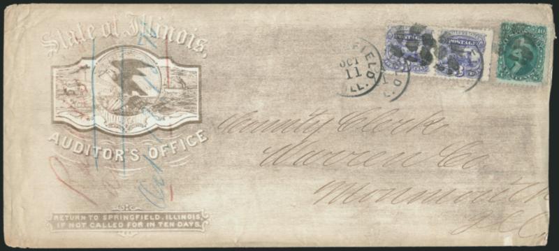 3c Ultramarine (114).> Horizontal pair with straddle-margin at right, used with <10c Green, E. Grill (89),> tied by fancy cork cancel and duplex Springfield Ill. Oct. 11 circular datestamp on legal-size <State
of Illinois Auditors Office> lithogra