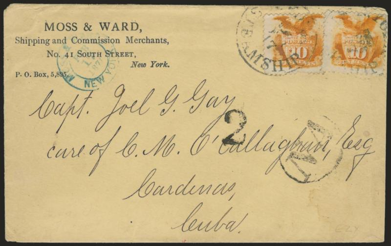 10c Yellow (116).> Two, each tied by <N. York Steamship Feb. 17> circular datestamp on 1870 shipping merchants yellow corner card cover <to Cardenas, Cuba,> senders blue datestamp, NA oval and 2 due handstamp
for internal Cuban postage from H